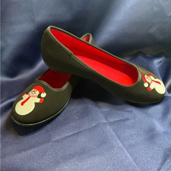 Angel Steps Embroidered Snowman Shoes Black Flats Holiday Shoes - Picture 4 of 6